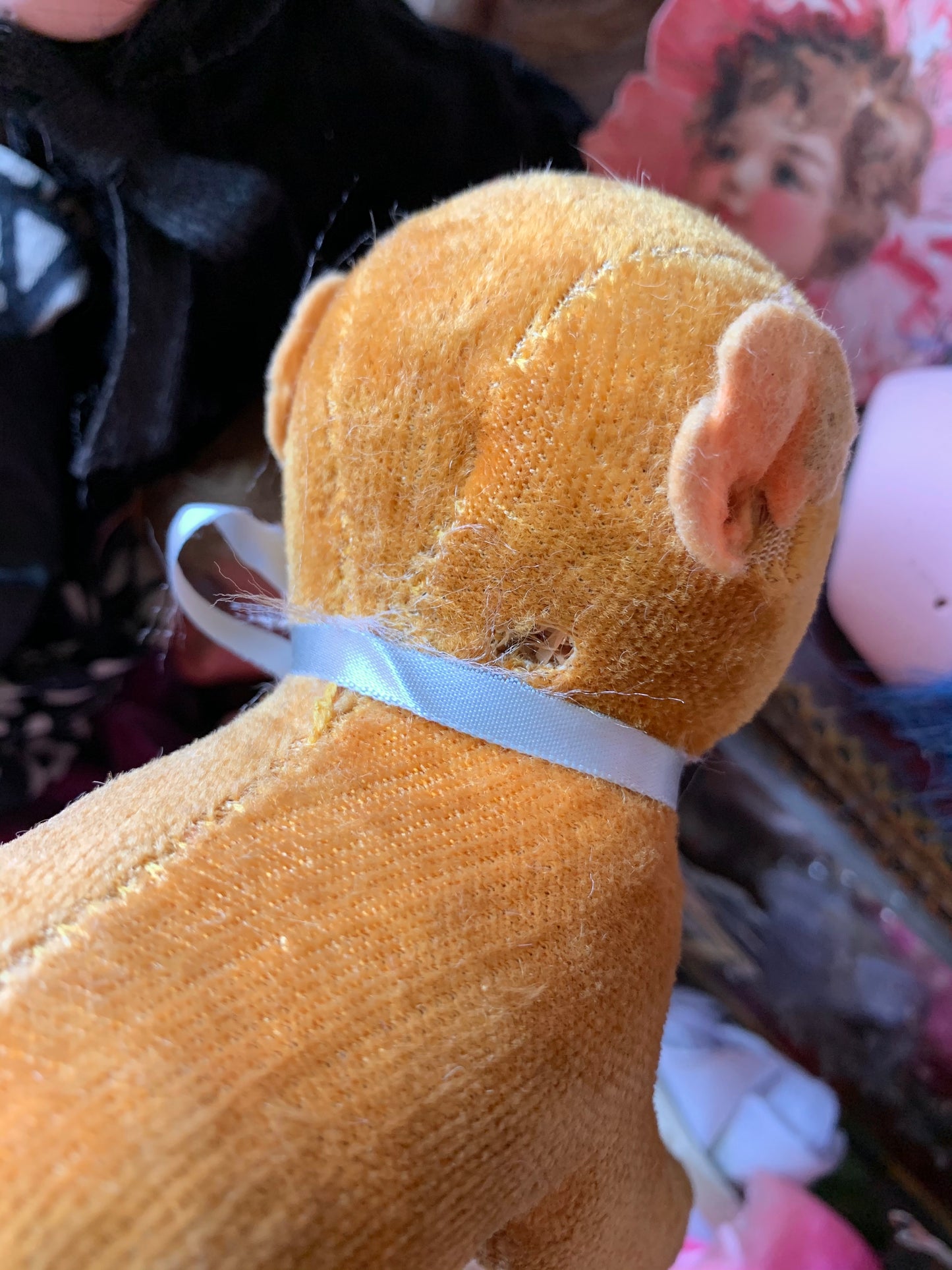 Vintage glass eye straw stuffed old Japan toy monkey