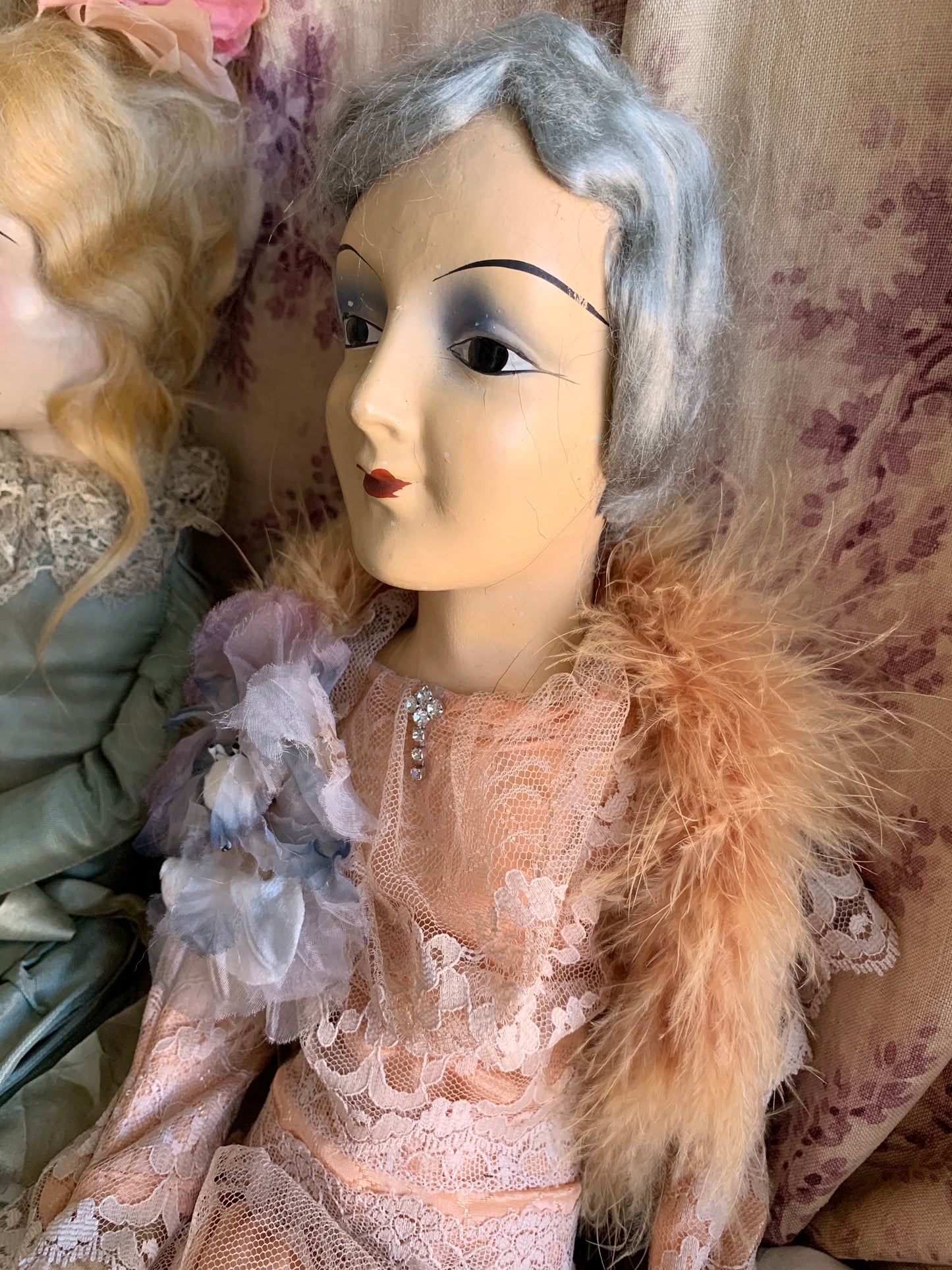 Vintage blue hair boudoir doll time worn flapper doll