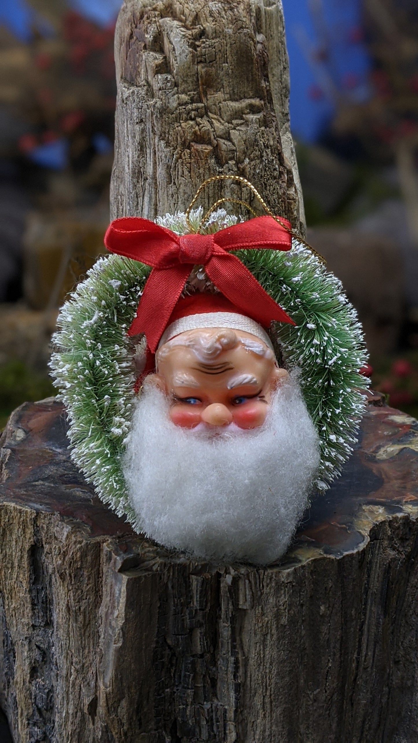 Vintage mini Santa bottle brush wreath
