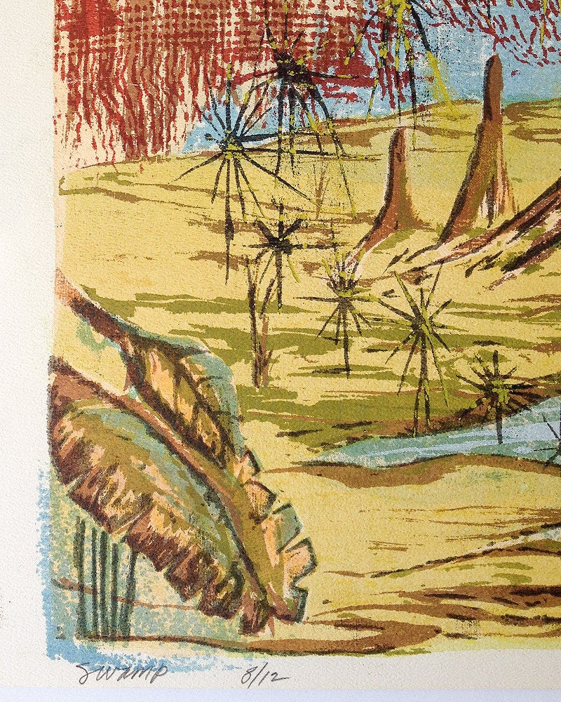 Vintage signed original 50s silkscreen retro Swamp landscape