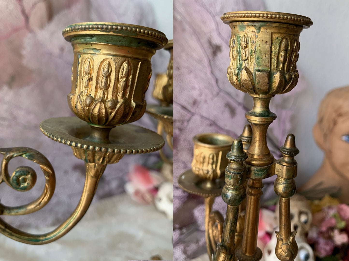 Antique pair candelabra ornate bronze ram head figural candlesticks