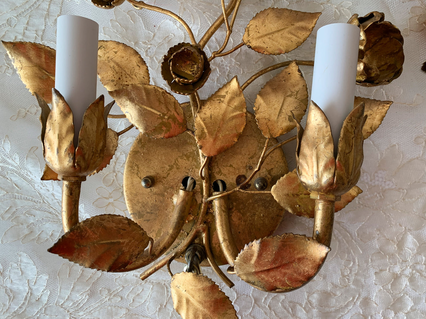 Vintage petite gold Italian toleware wall sconce light