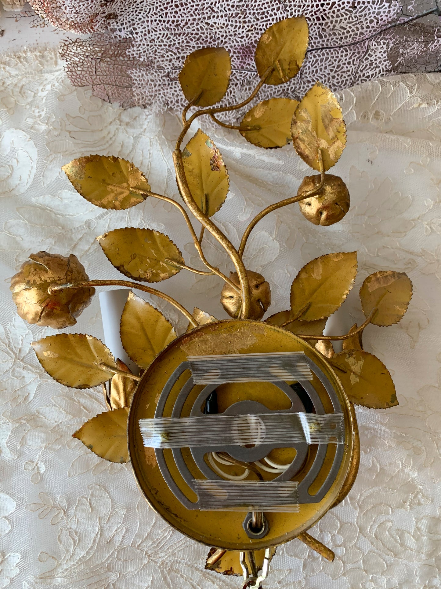 Vintage petite gold Italian toleware wall sconce light