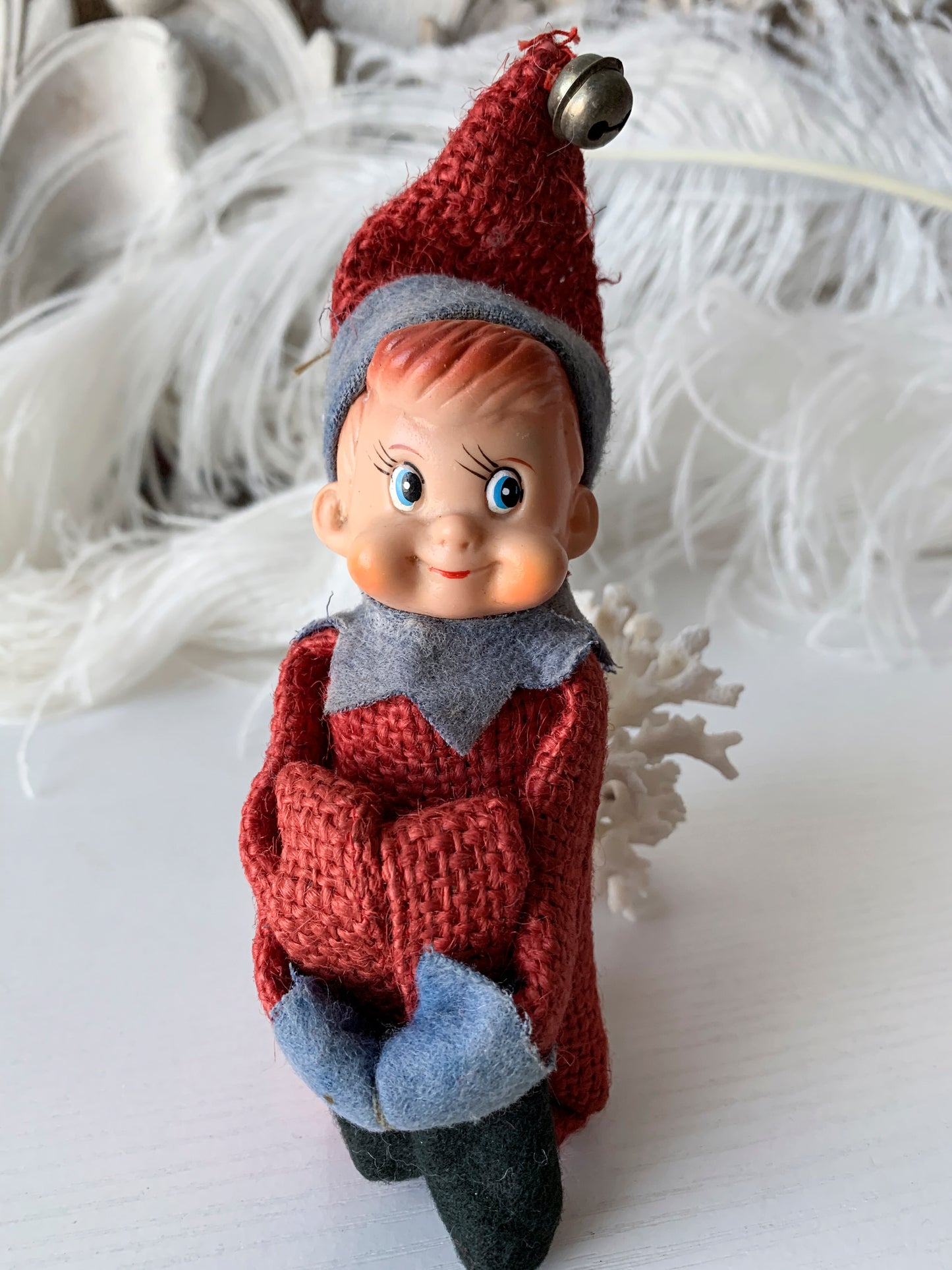 Vintage knee hugger elf red burlap Christmas shelf sitter pixie