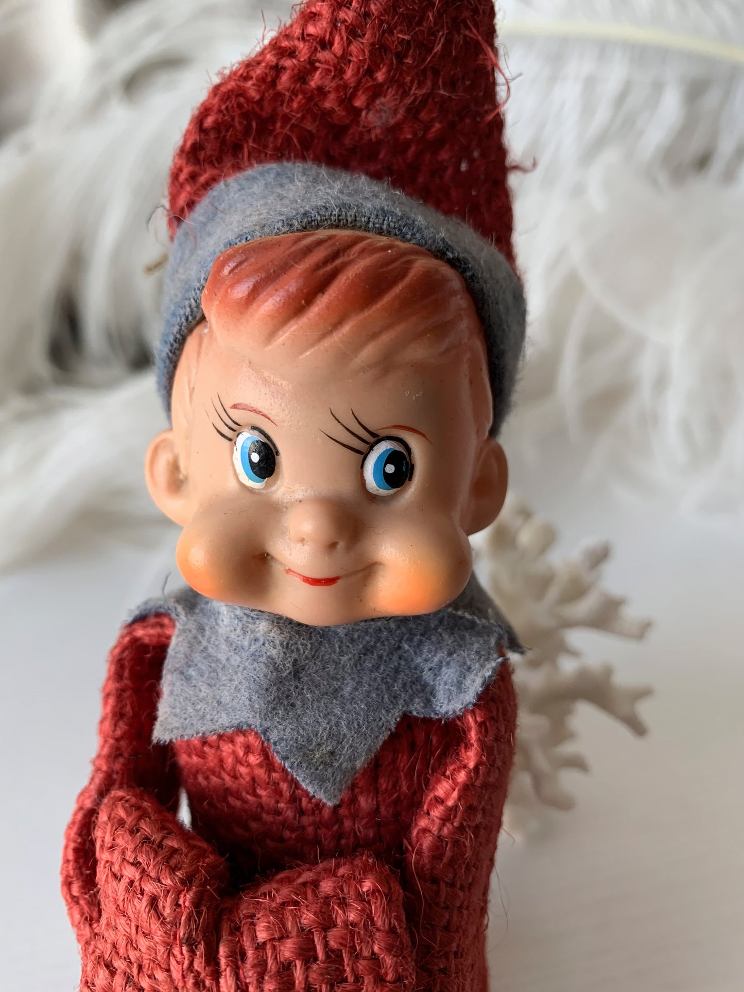 Vintage knee hugger elf red burlap Christmas shelf sitter pixie