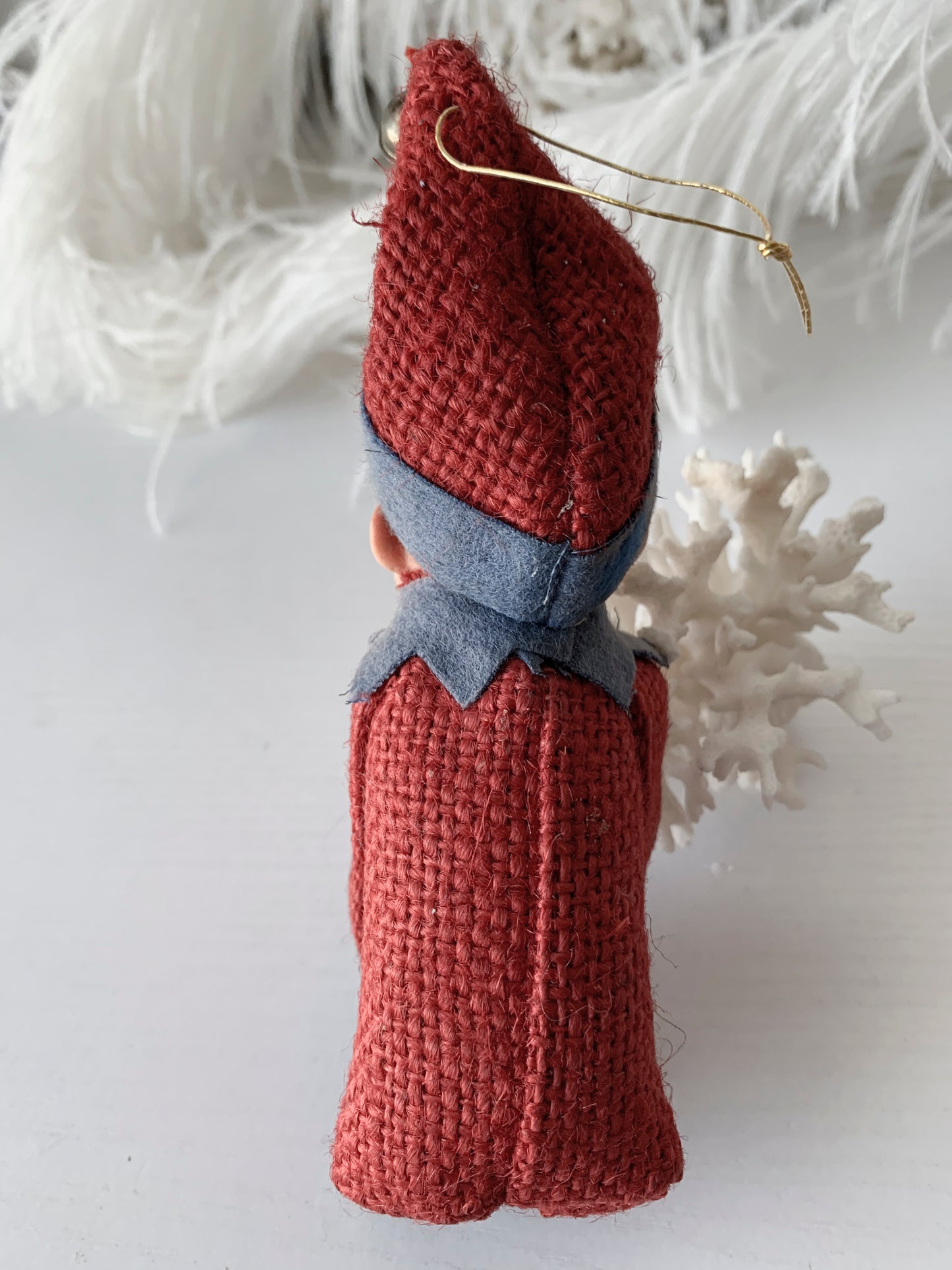 Vintage knee hugger elf red burlap Christmas shelf sitter pixie