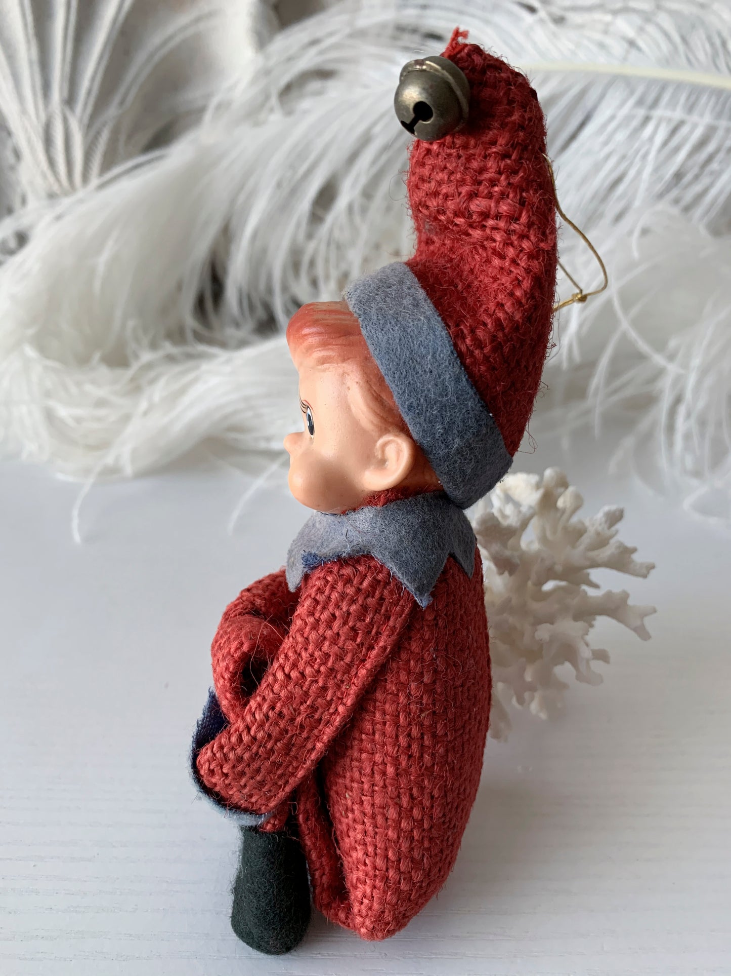 Vintage knee hugger elf red burlap Christmas shelf sitter pixie