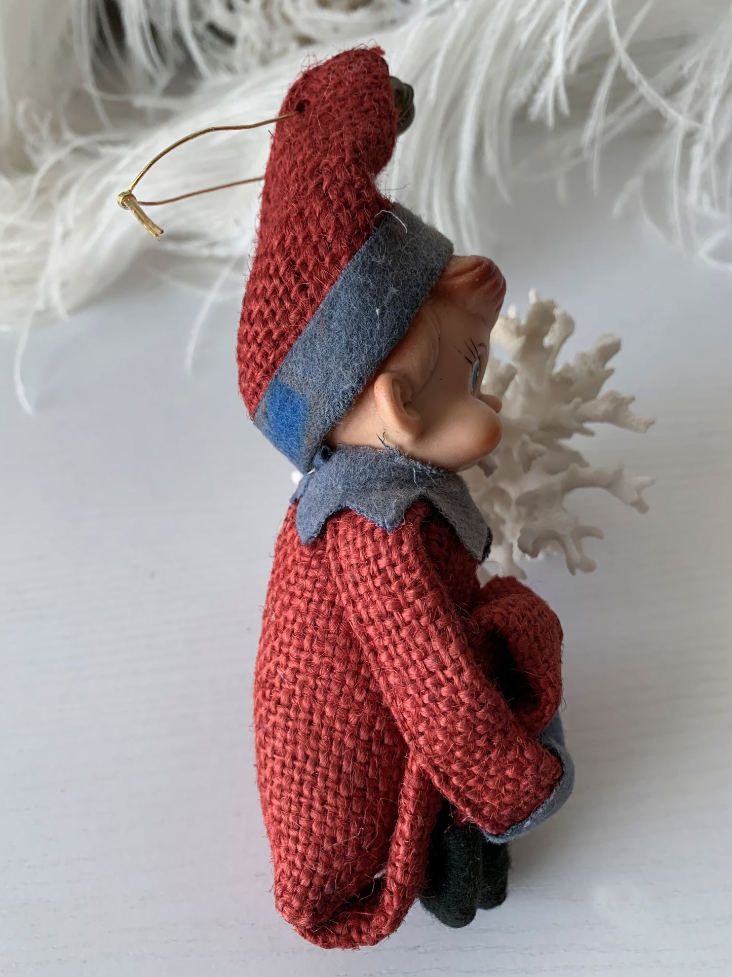 Vintage knee hugger elf red burlap Christmas shelf sitter pixie