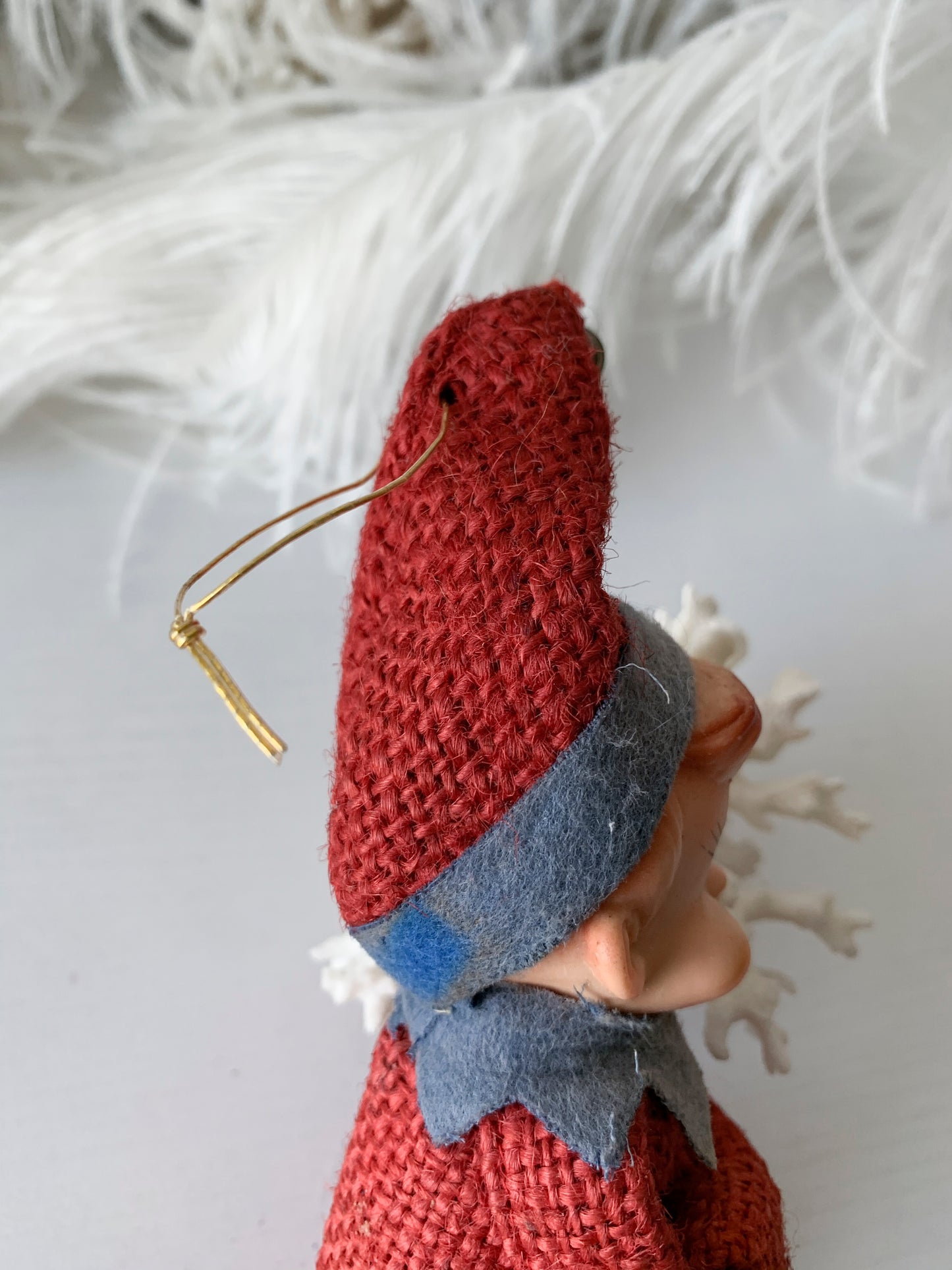 Vintage knee hugger elf red burlap Christmas shelf sitter pixie