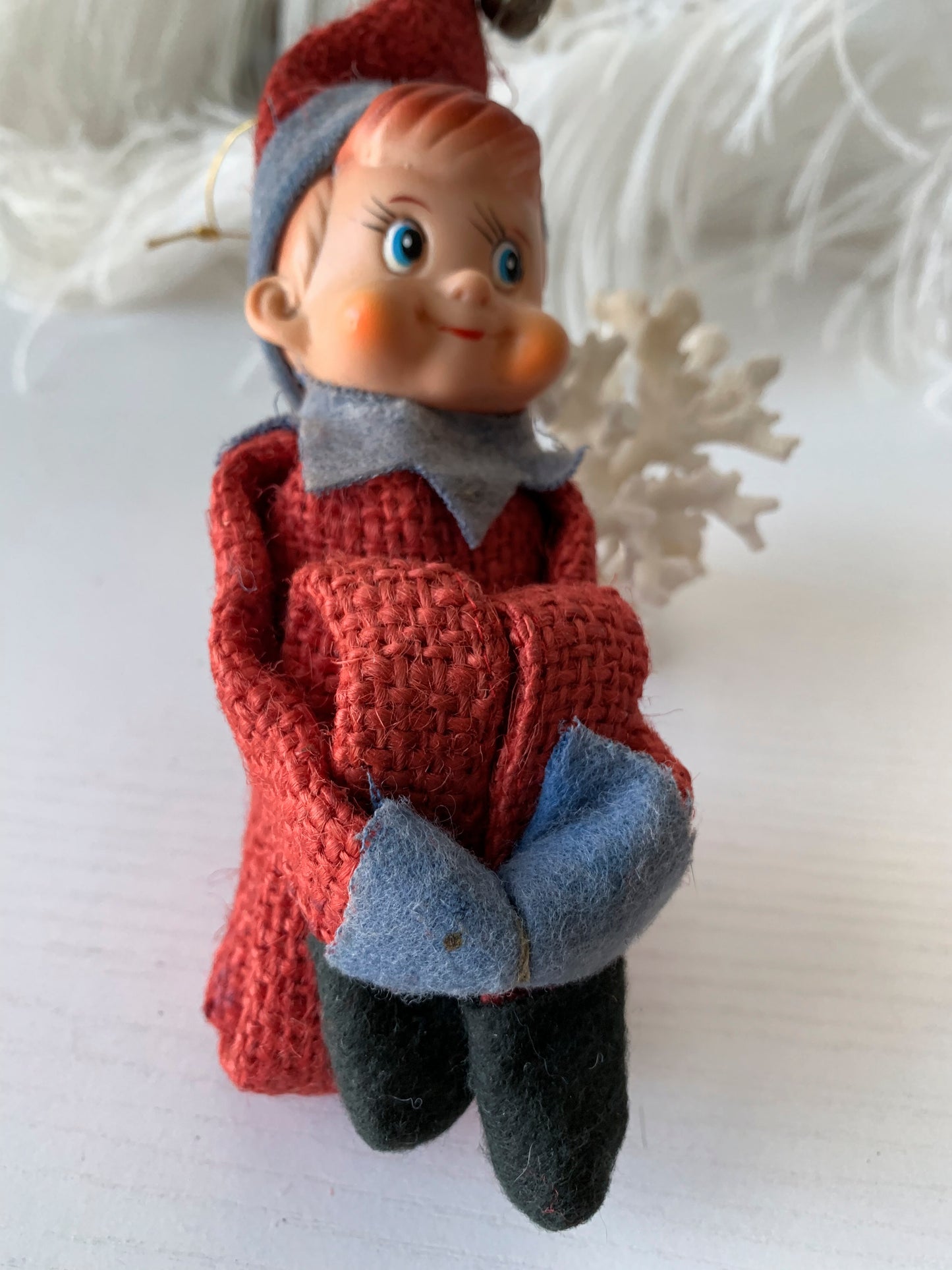 Vintage knee hugger elf red burlap Christmas shelf sitter pixie