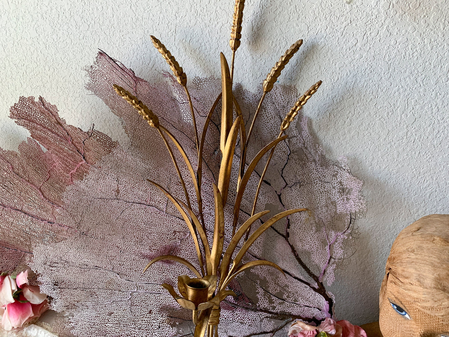 Vintage gold toleware sheaf of wheat gilt candle wall sconce