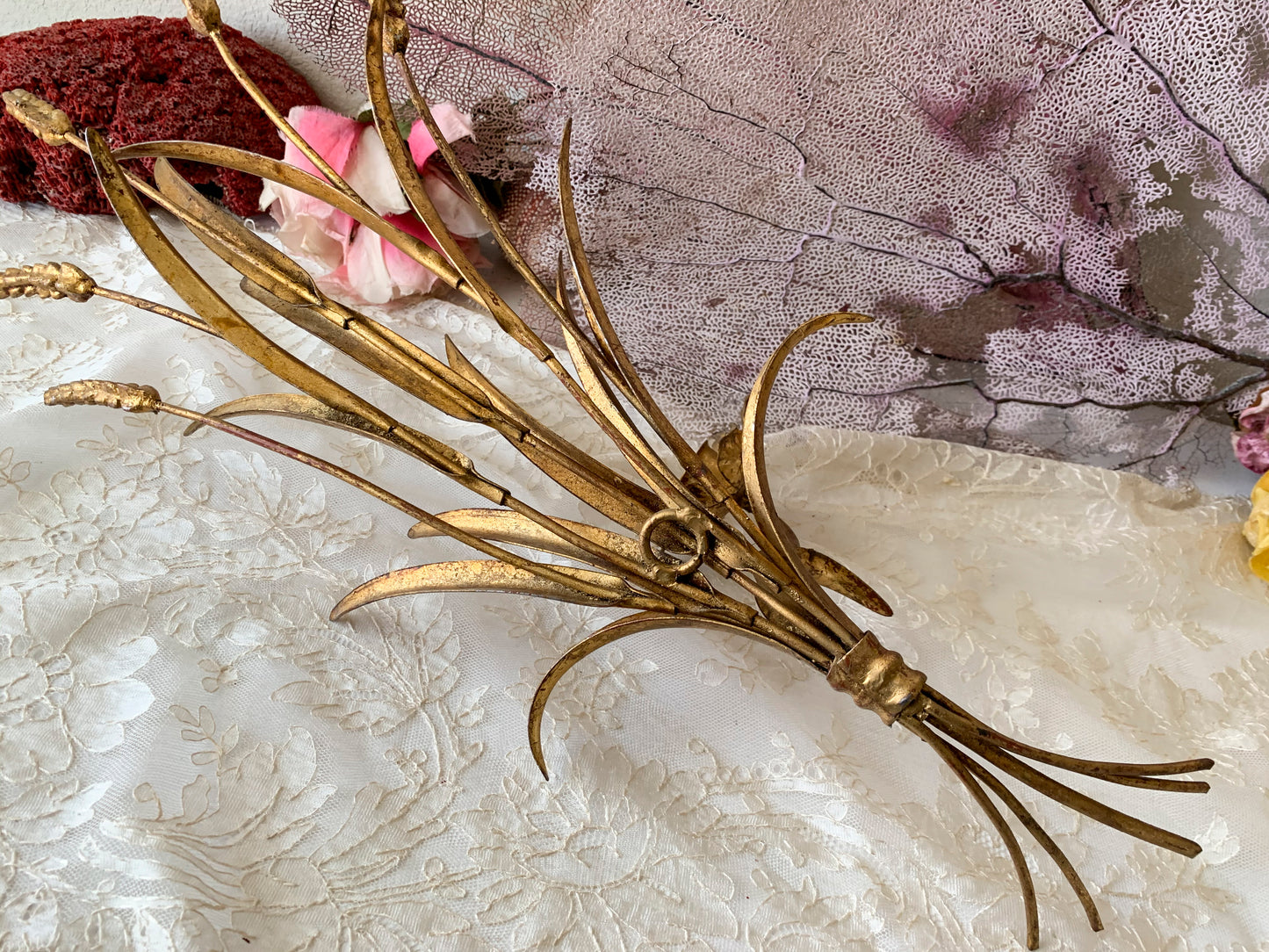 Vintage gold toleware sheaf of wheat gilt candle wall sconce
