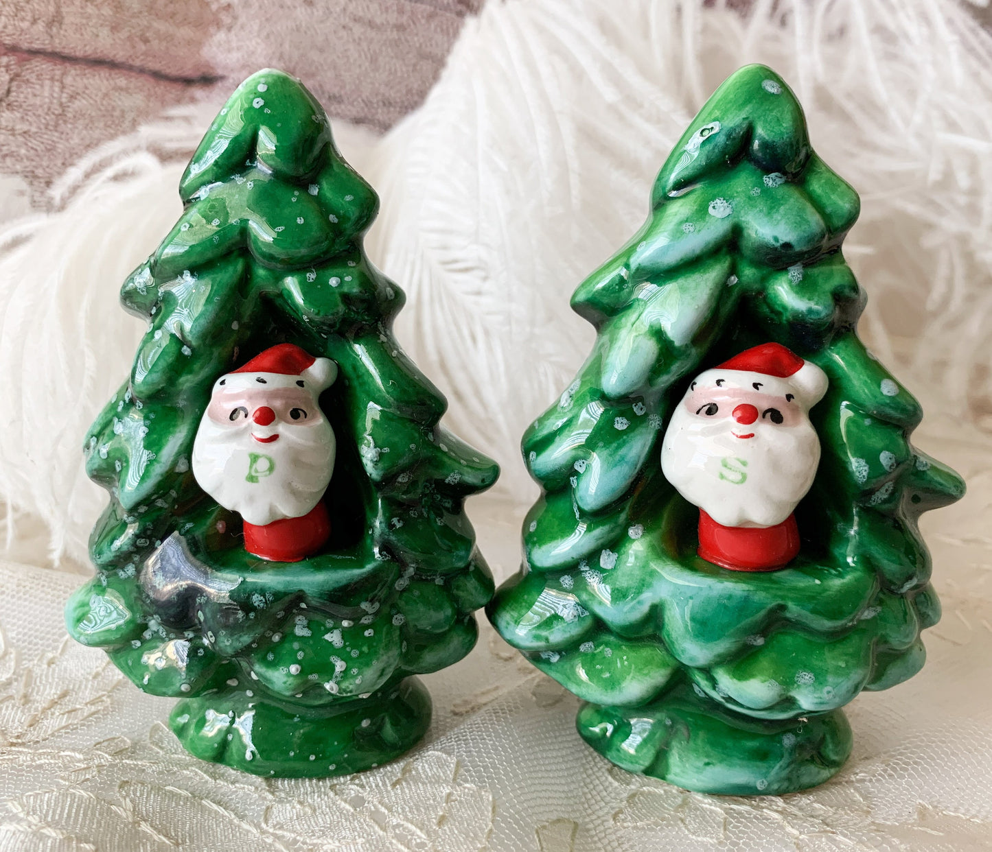 Vintage pair Holt Howard 60s Christmas tree Santa shakers