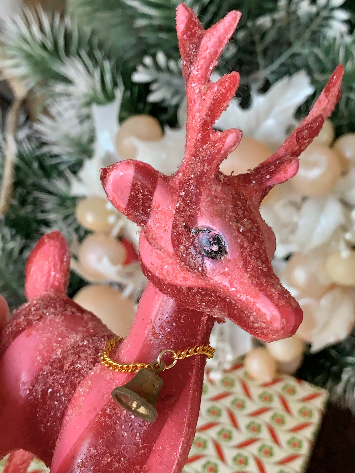 Vintage pink red striped glitter reindeer