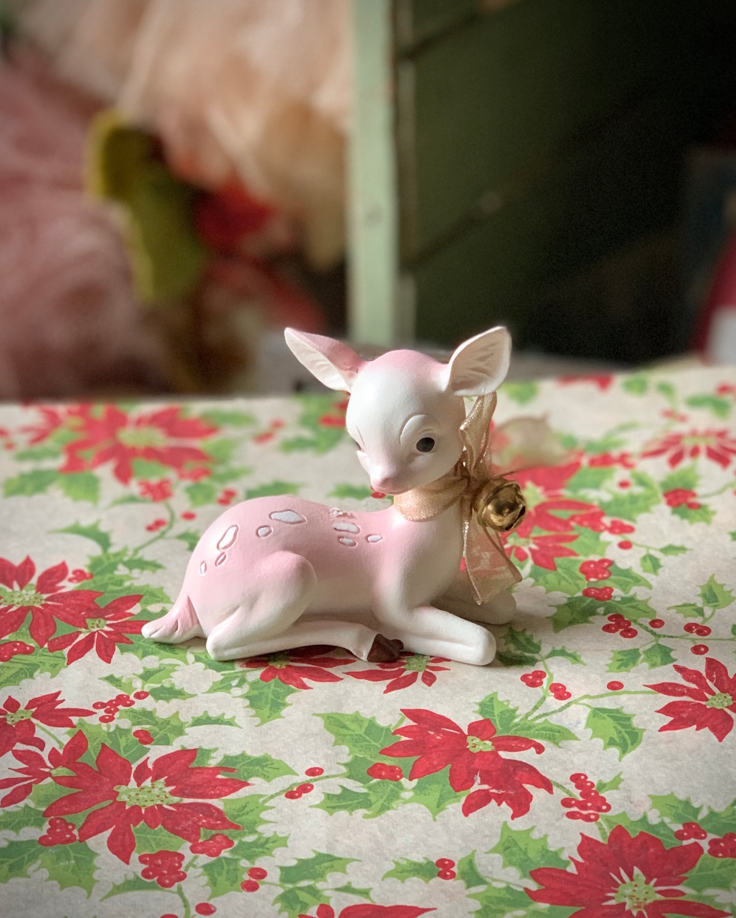 Pink Christmas reindeer small deer figurine