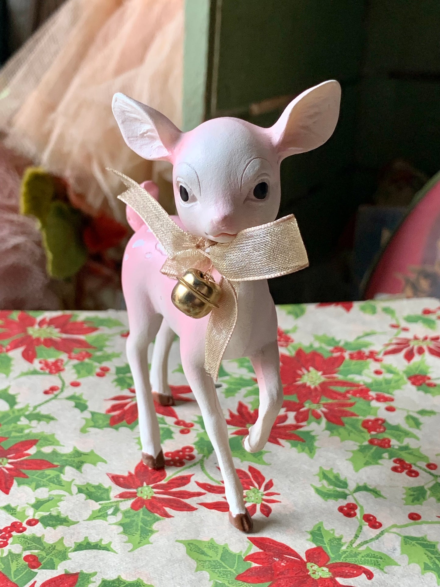 Pink Christmas reindeer small deer figurine