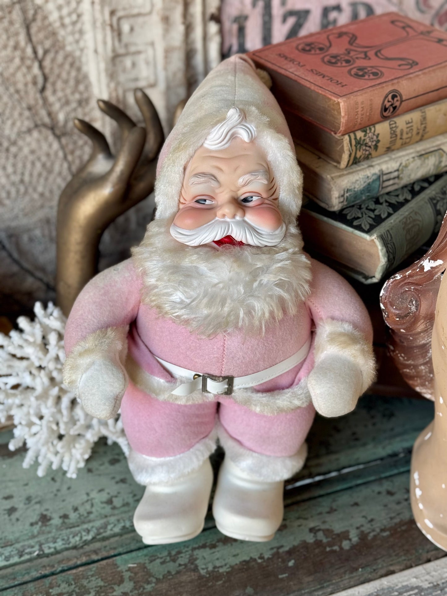 Vintage pink Rushton Santa rubber face Christmas doll SAD ROSETTA Vintage pink Rushton Santa rubber face Christmas doll SAD ROSETTA