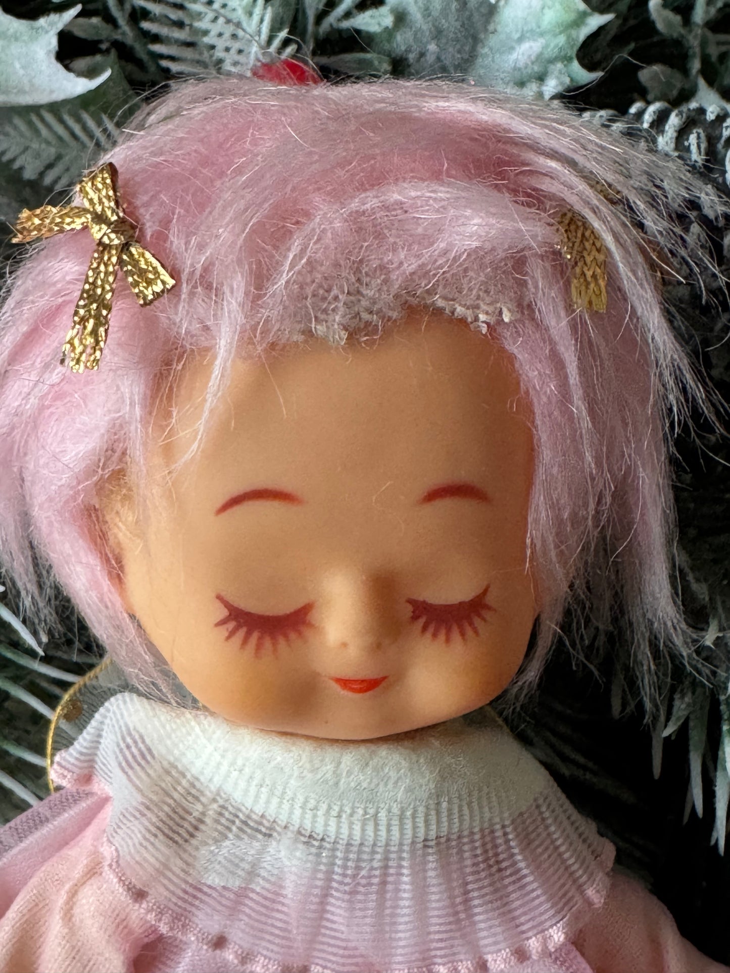 Vintage pink hair Christmas angel ornament
