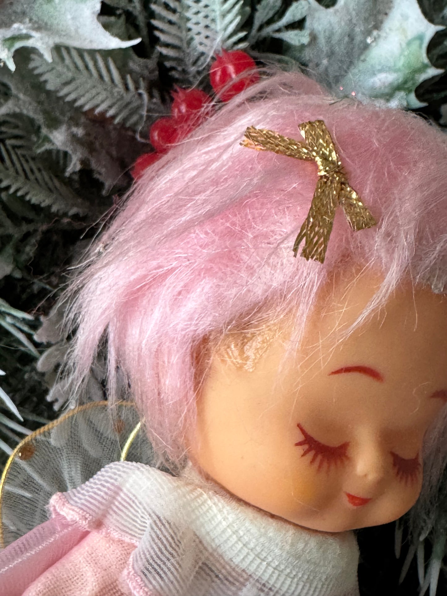 Vintage pink hair Christmas angel ornament