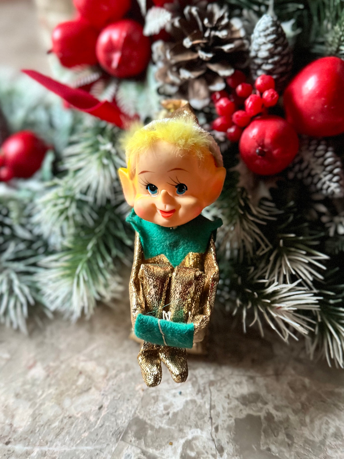 Vintage gold Christmas knee hugger elf Japan shelf sitter pixie