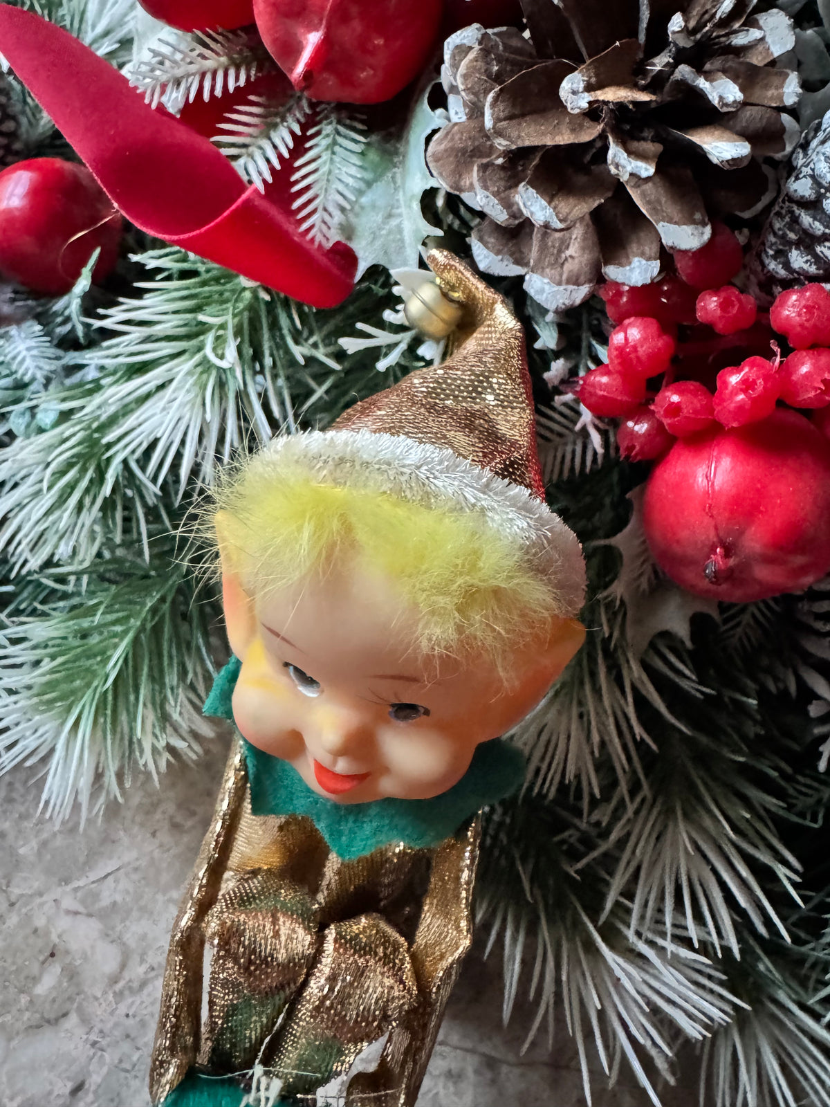 Vintage gold Christmas knee hugger elf Japan shelf sitter pixie