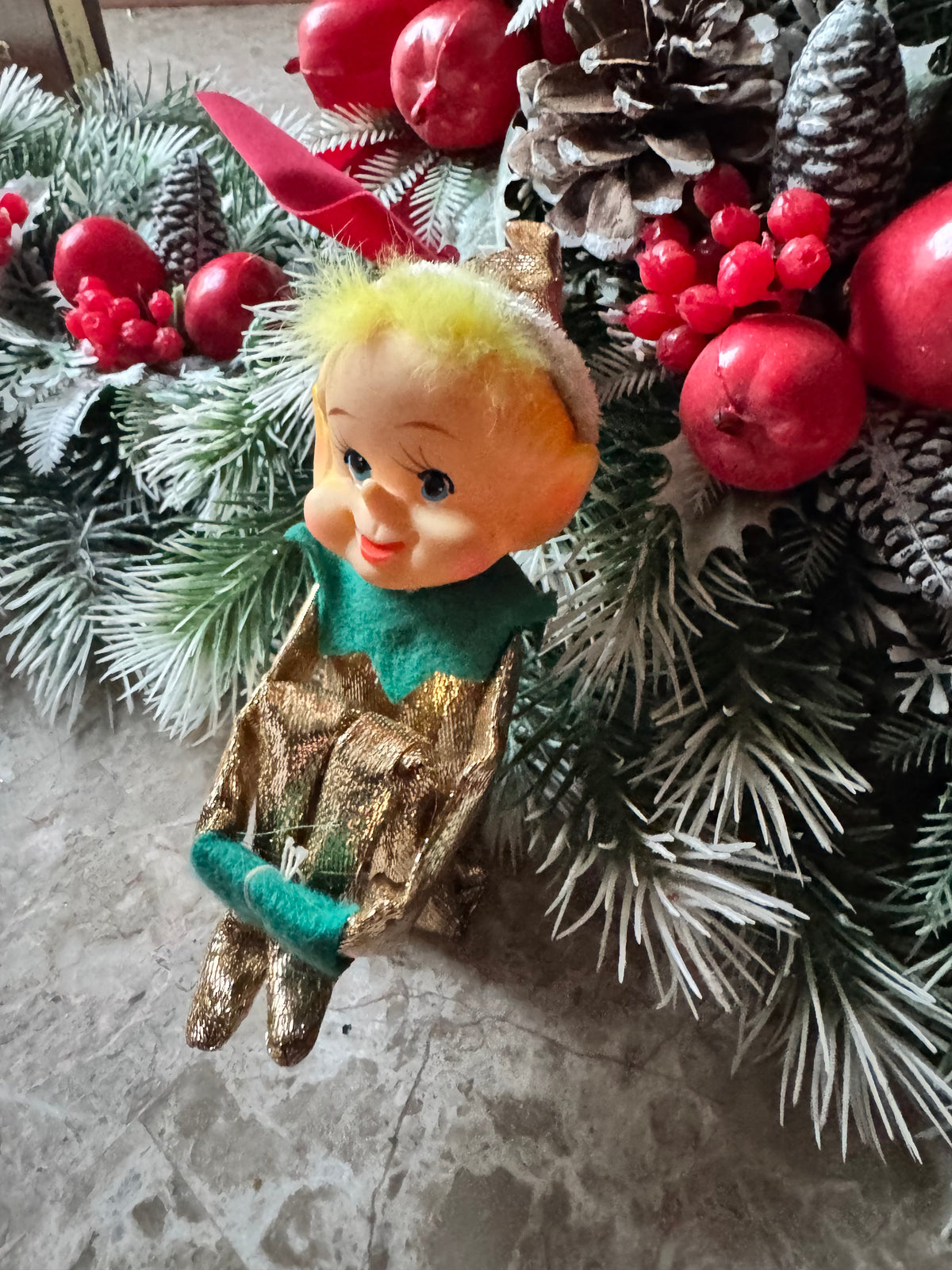 Vintage gold Christmas knee hugger elf Japan shelf sitter pixie