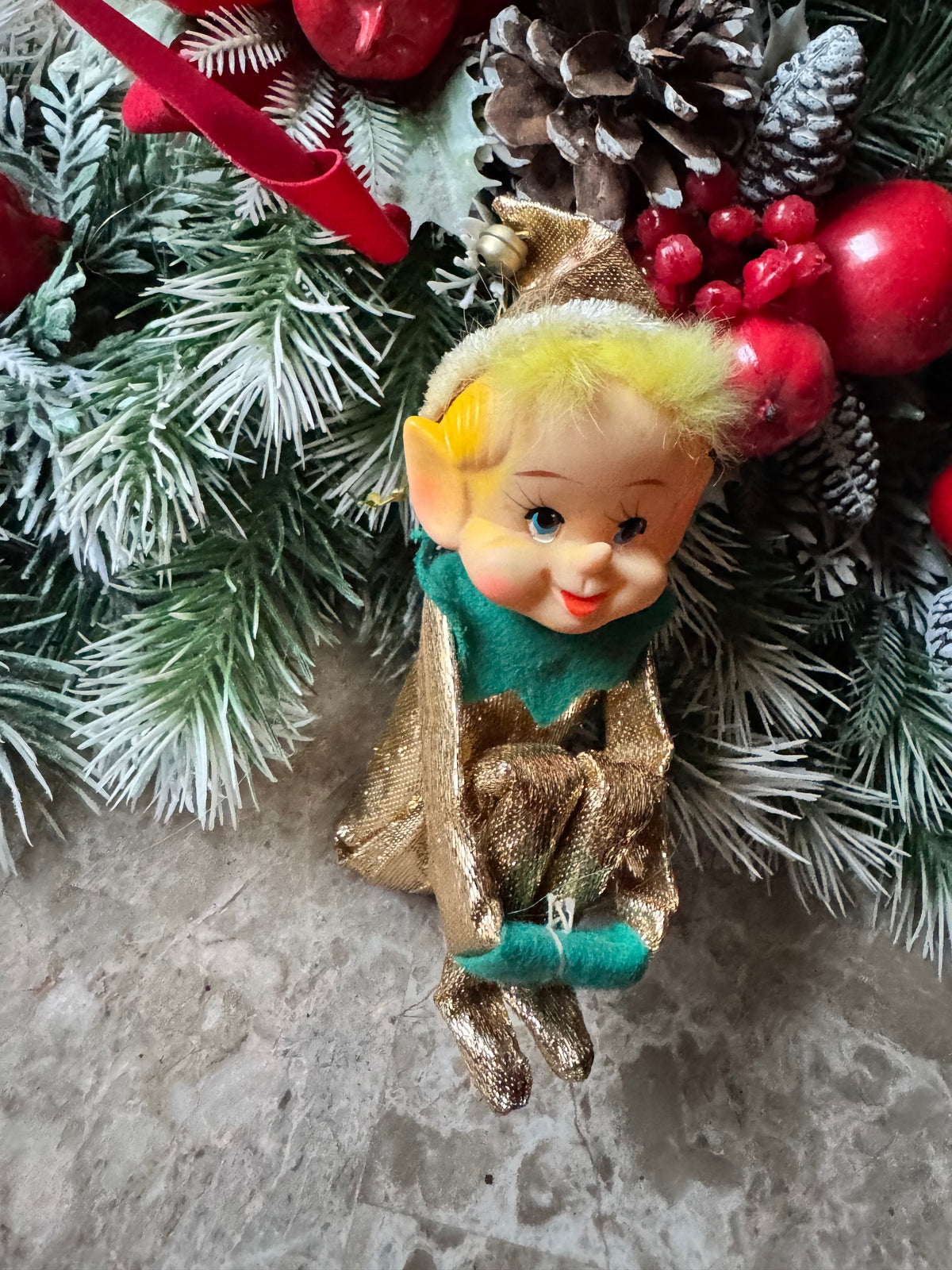Vintage gold Christmas knee hugger elf Japan shelf sitter pixie