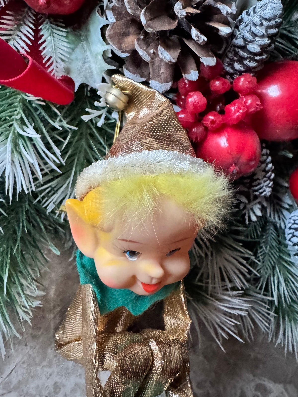 Vintage gold Christmas knee hugger elf Japan shelf sitter pixie