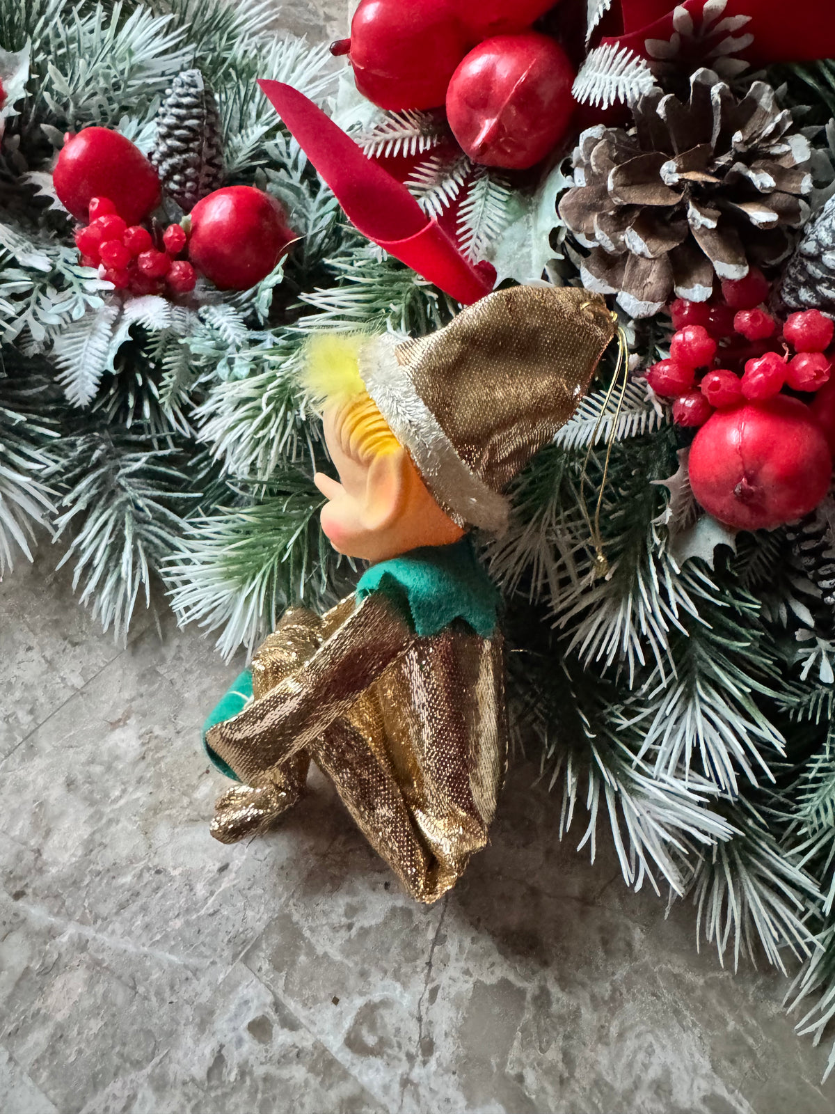 Vintage gold Christmas knee hugger elf Japan shelf sitter pixie