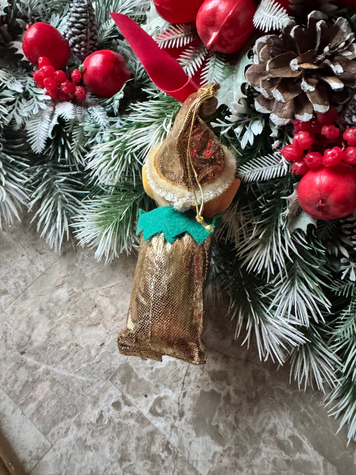 Vintage gold Christmas knee hugger elf Japan shelf sitter pixie