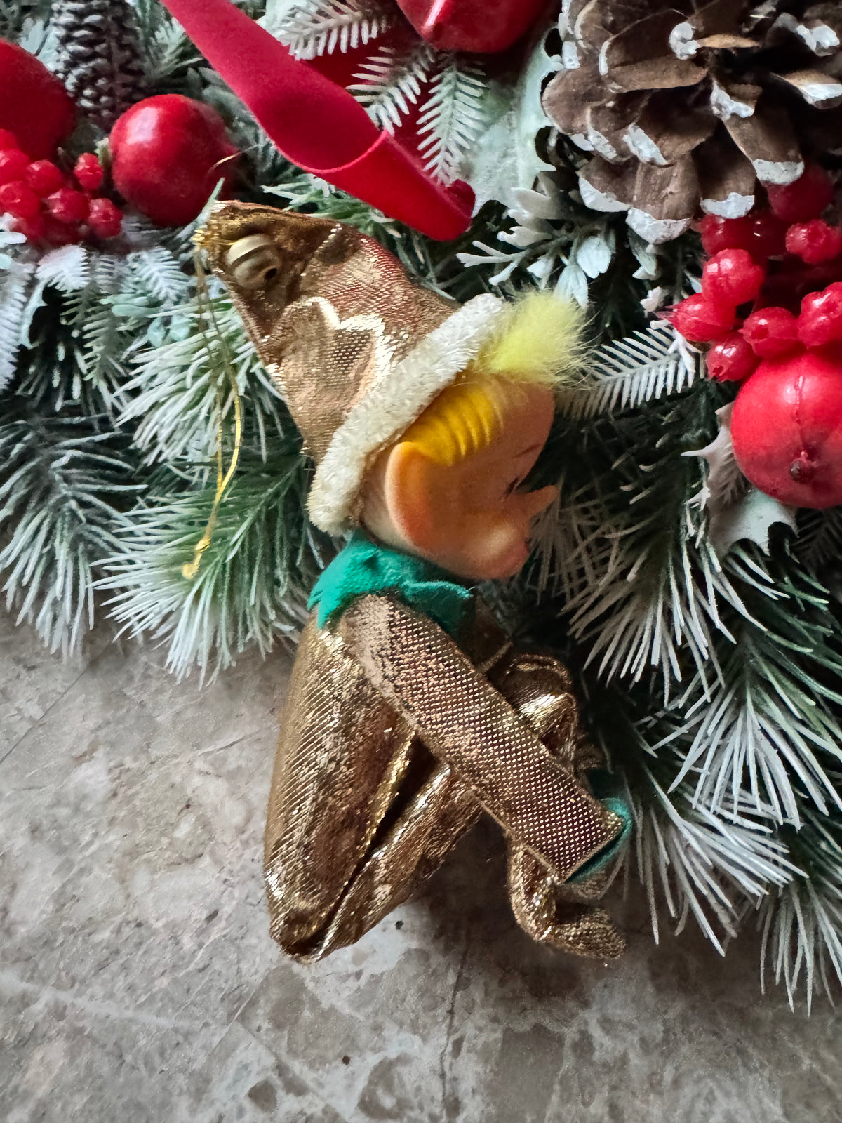 Vintage gold Christmas knee hugger elf Japan shelf sitter pixie