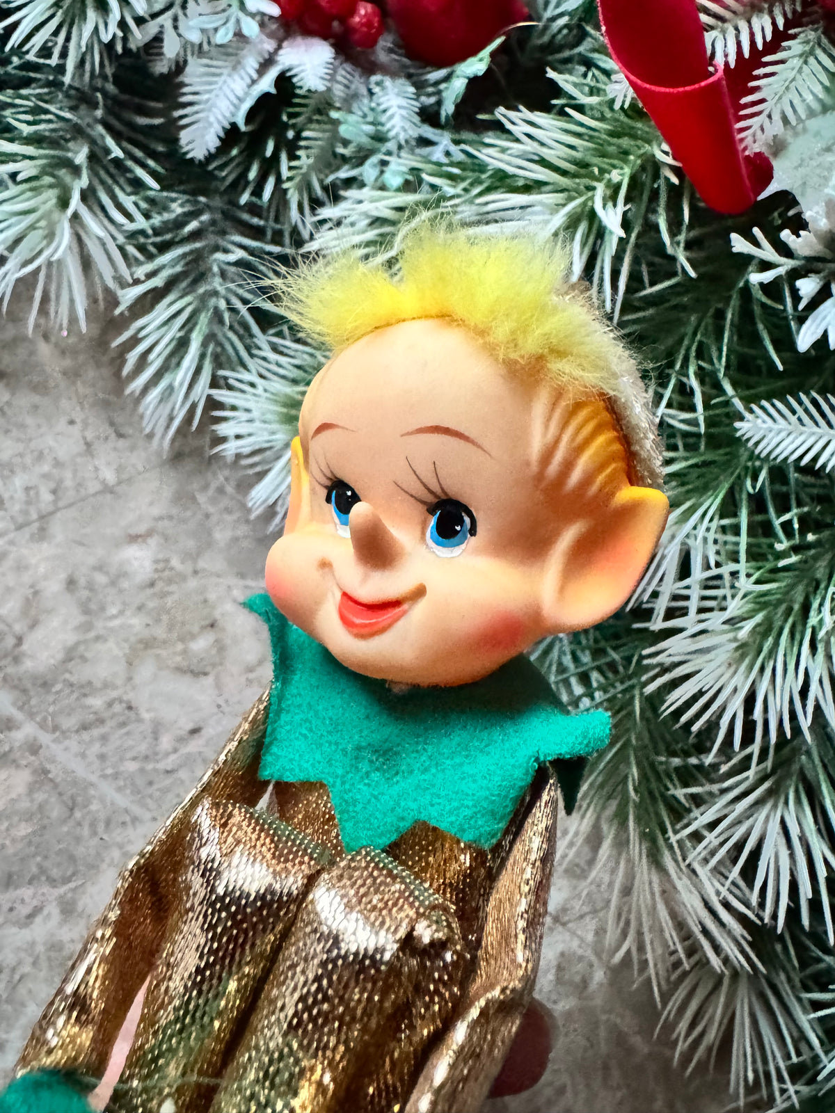 Vintage gold Christmas knee hugger elf Japan shelf sitter pixie