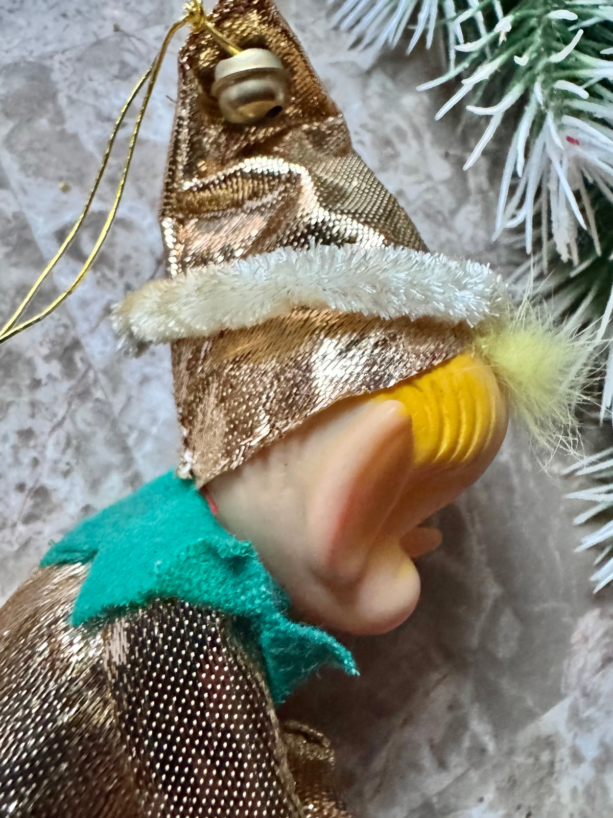 Vintage gold Christmas knee hugger elf Japan shelf sitter pixie