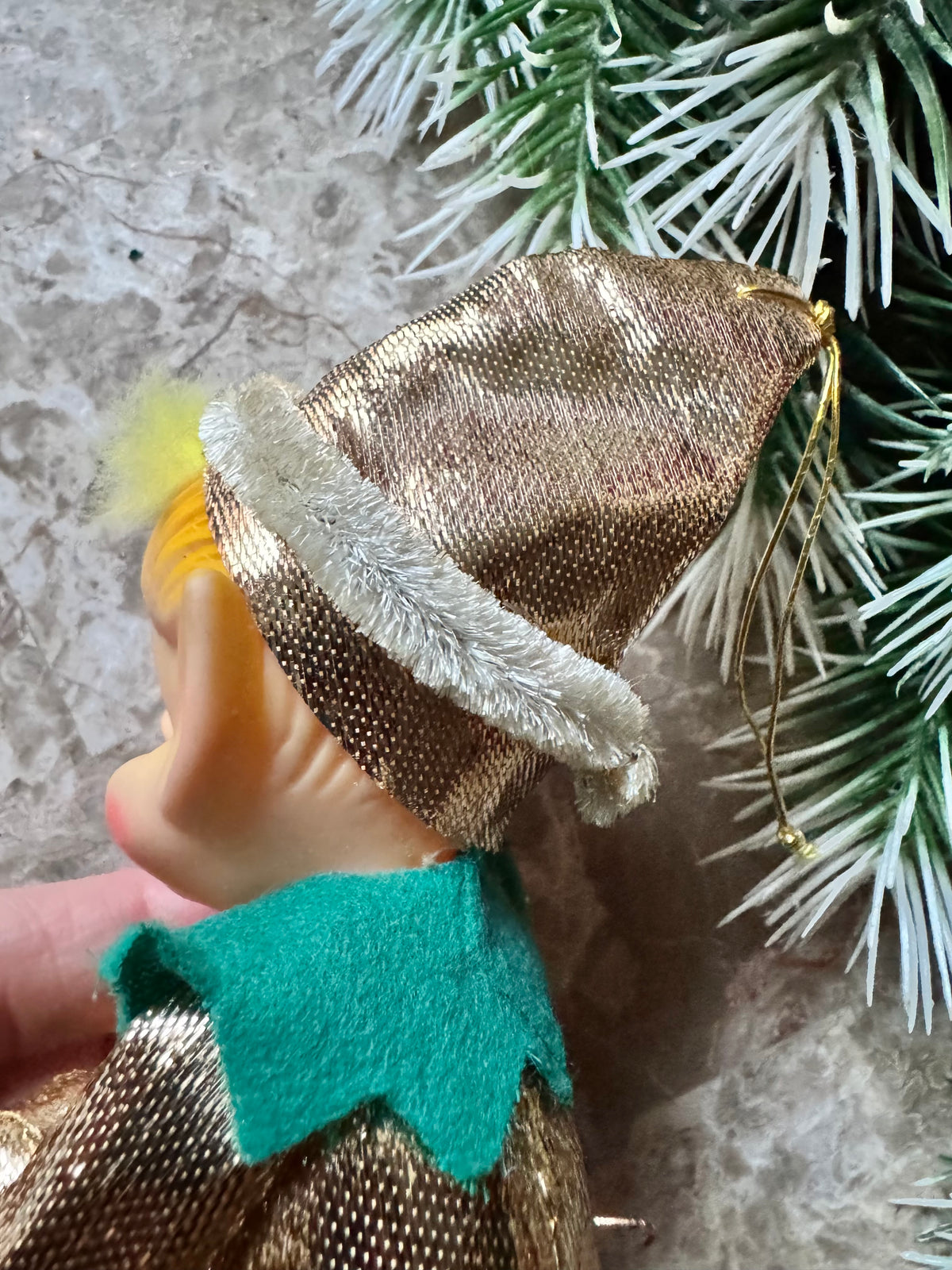 Vintage gold Christmas knee hugger elf Japan shelf sitter pixie
