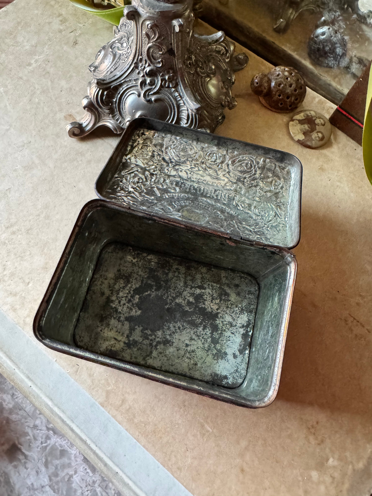 Antique tea tin Russian floral embossed box