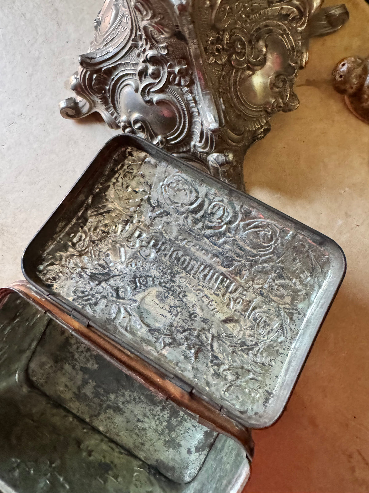 Antique tea tin Russian floral embossed box