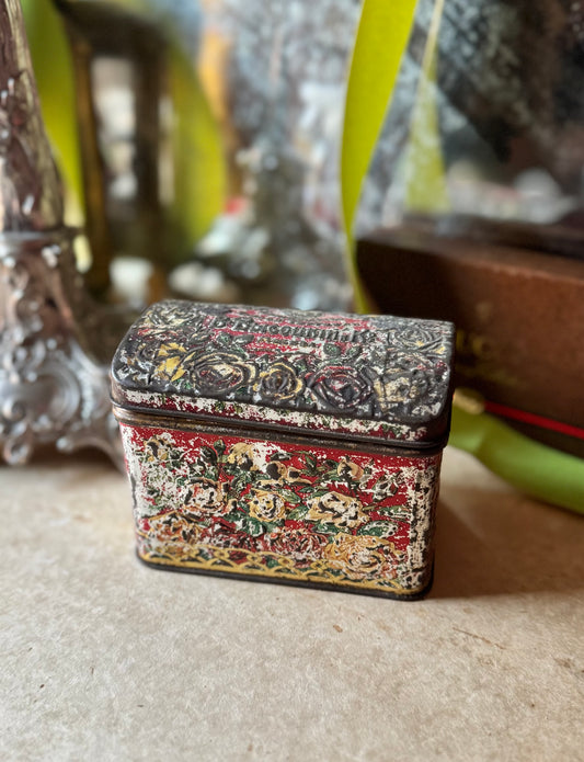 Antique tea tin Russian floral embossed box
