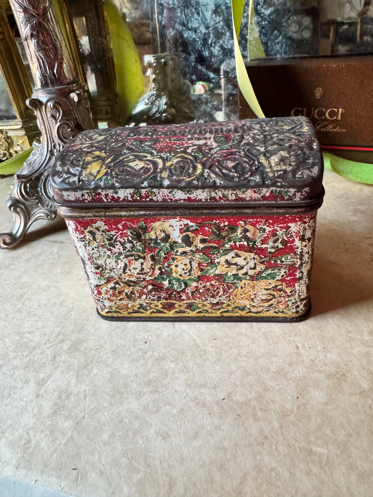 Antique tea tin Russian floral embossed box