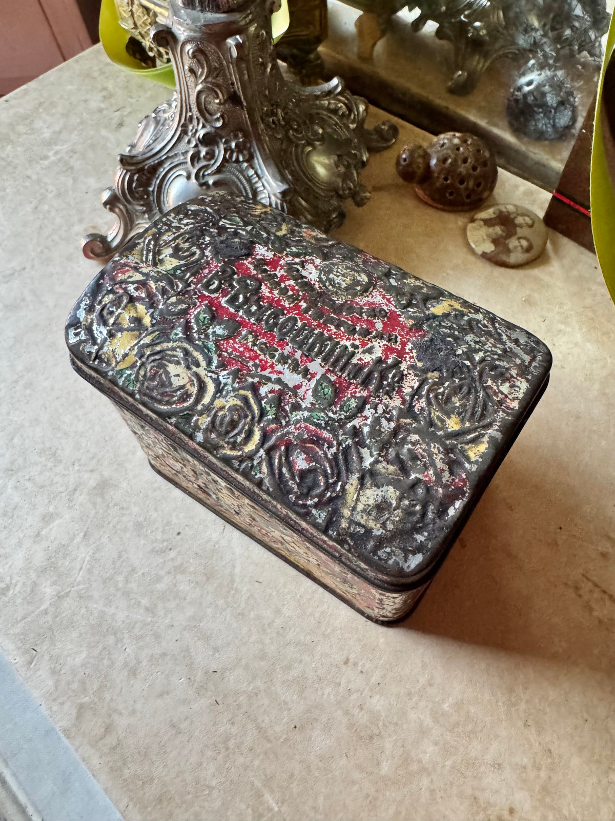 Antique tea tin Russian floral embossed box