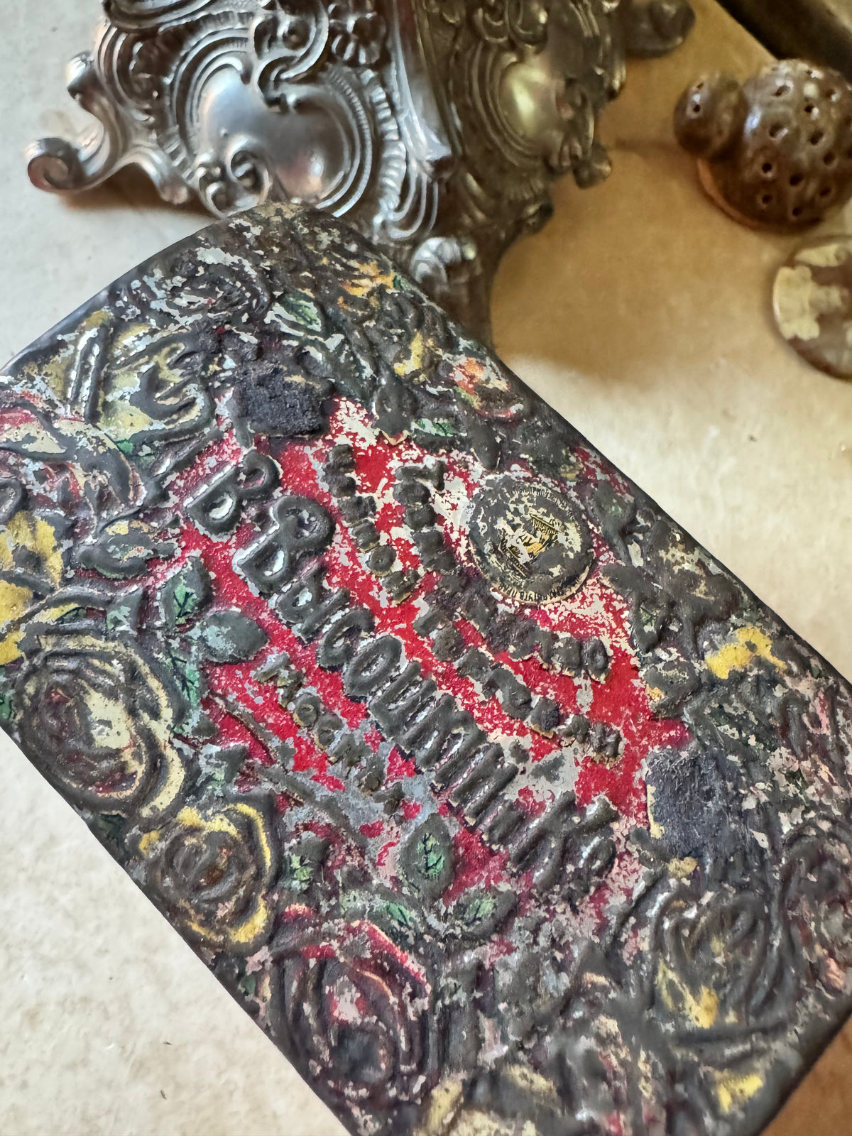 Antique tea tin Russian floral embossed box