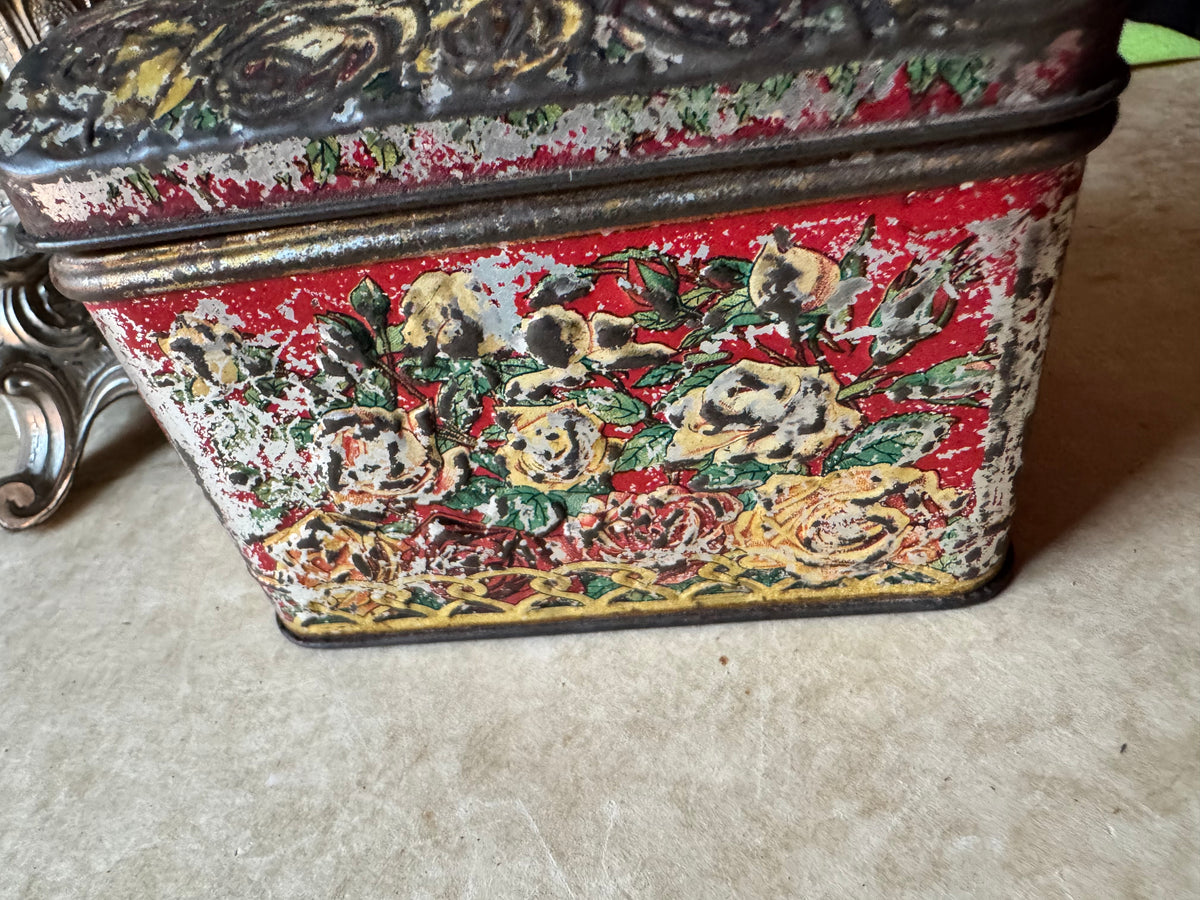 Antique tea tin Russian floral embossed box