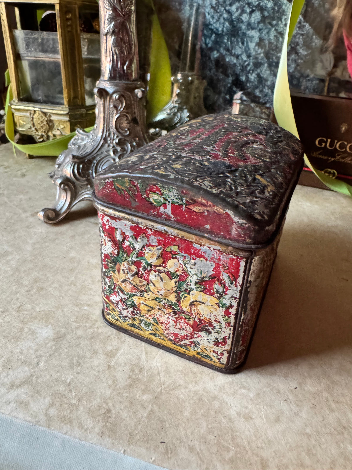 Antique tea tin Russian floral embossed box