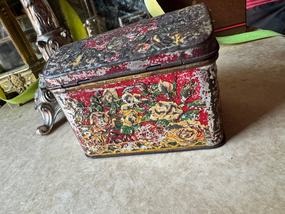 Antique tea tin Russian floral embossed box