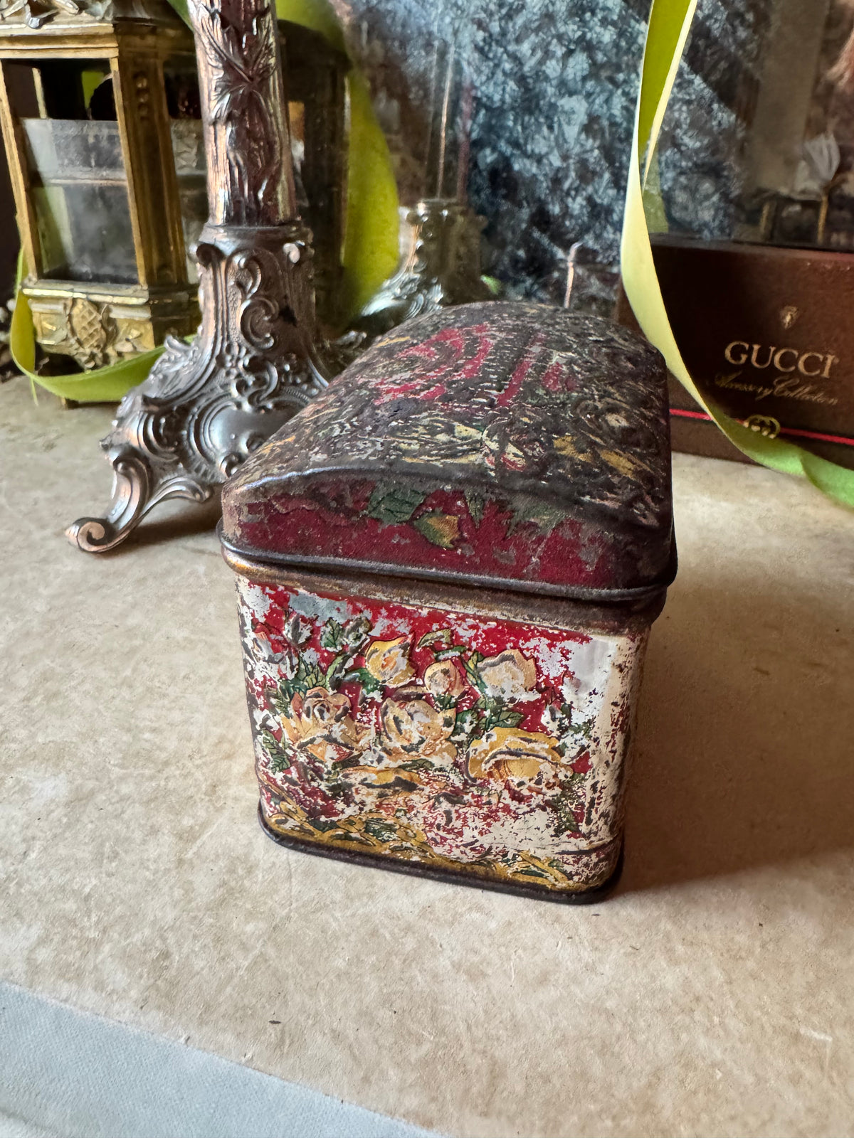 Antique tea tin Russian floral embossed box