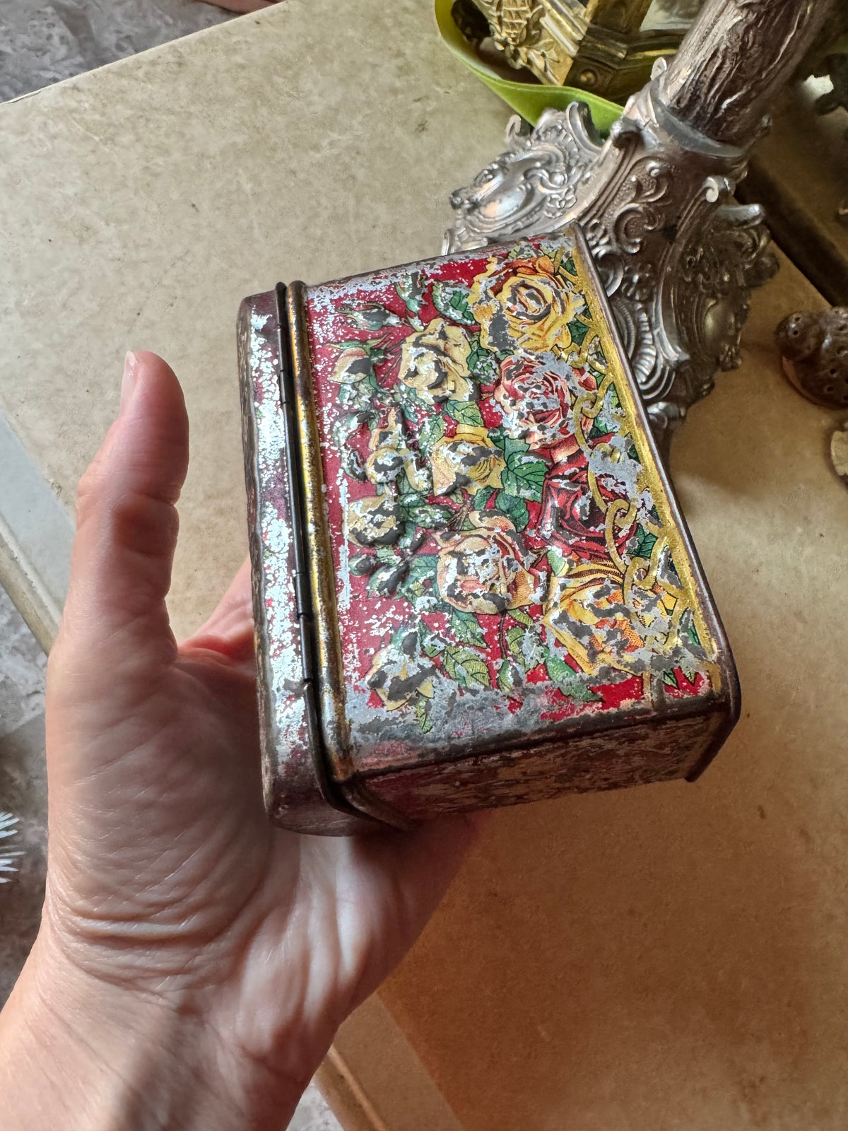 Antique tea tin Russian floral embossed box