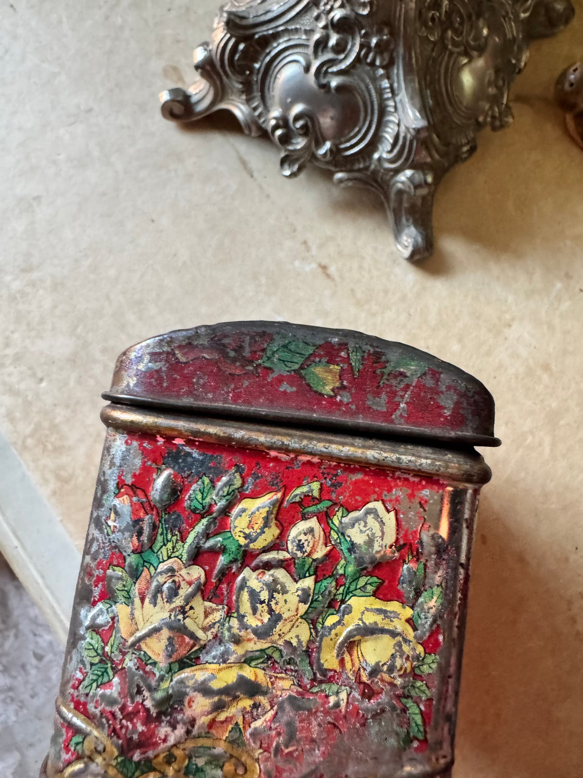 Antique tea tin Russian floral embossed box