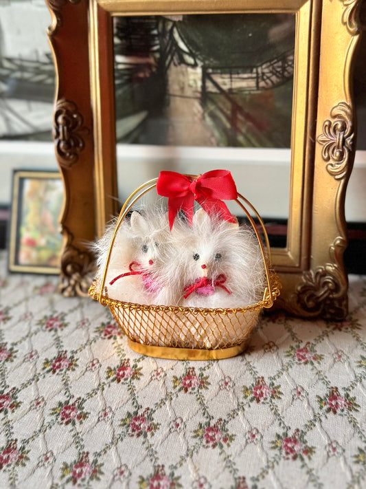 Vintage Japan miniature dogs in basket doll pomeranian puppies