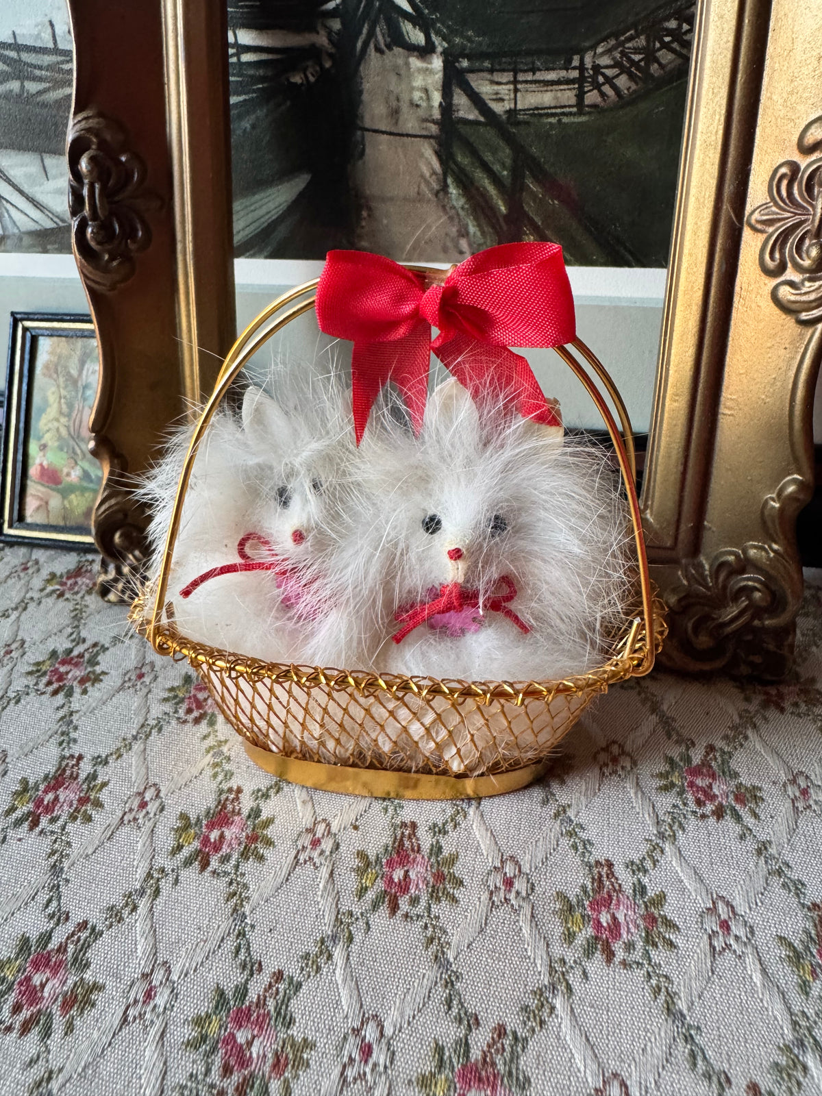 Vintage Japan miniature dogs in basket doll pomeranian puppies