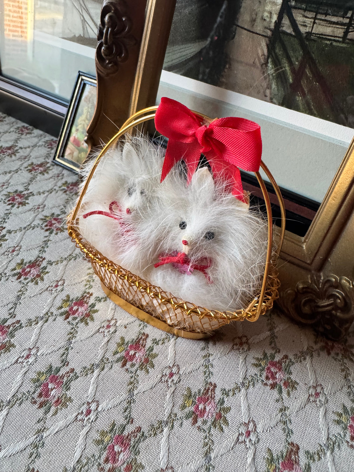 Vintage Japan miniature dogs in basket doll pomeranian puppies