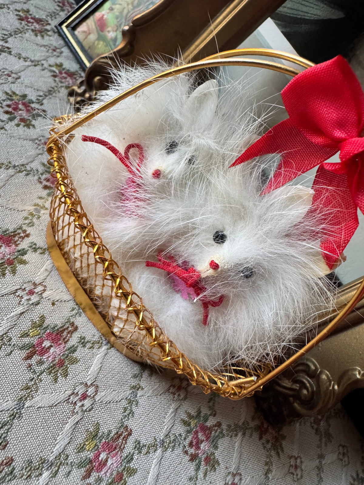 Vintage Japan miniature dogs in basket doll pomeranian puppies